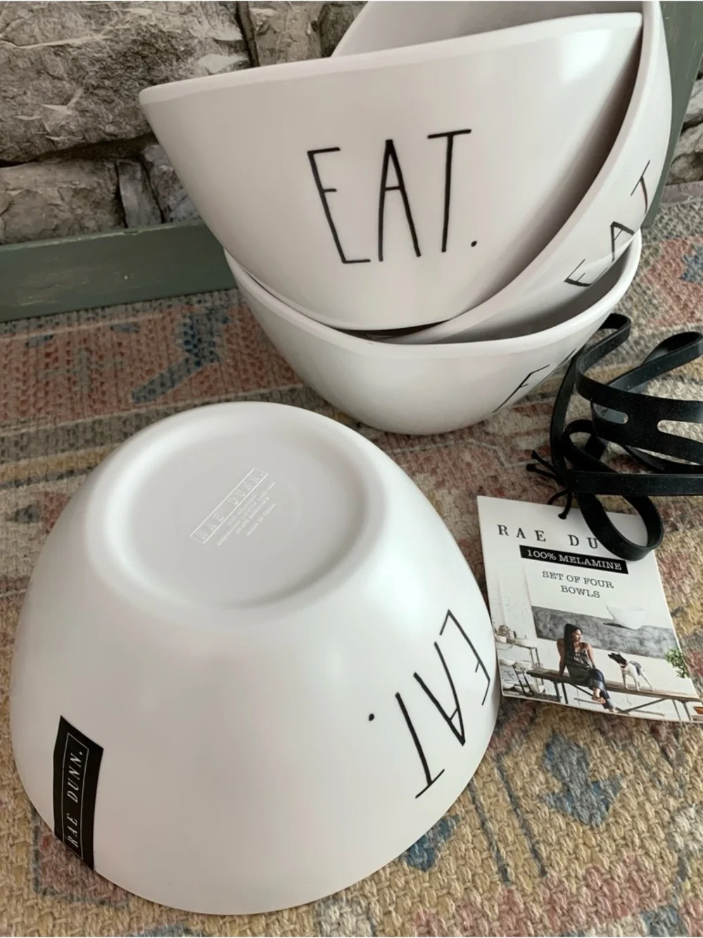 NWT Rae Dunn EAT Set of 4 Black White Melamine Serving Bowls Dishes Artisan New